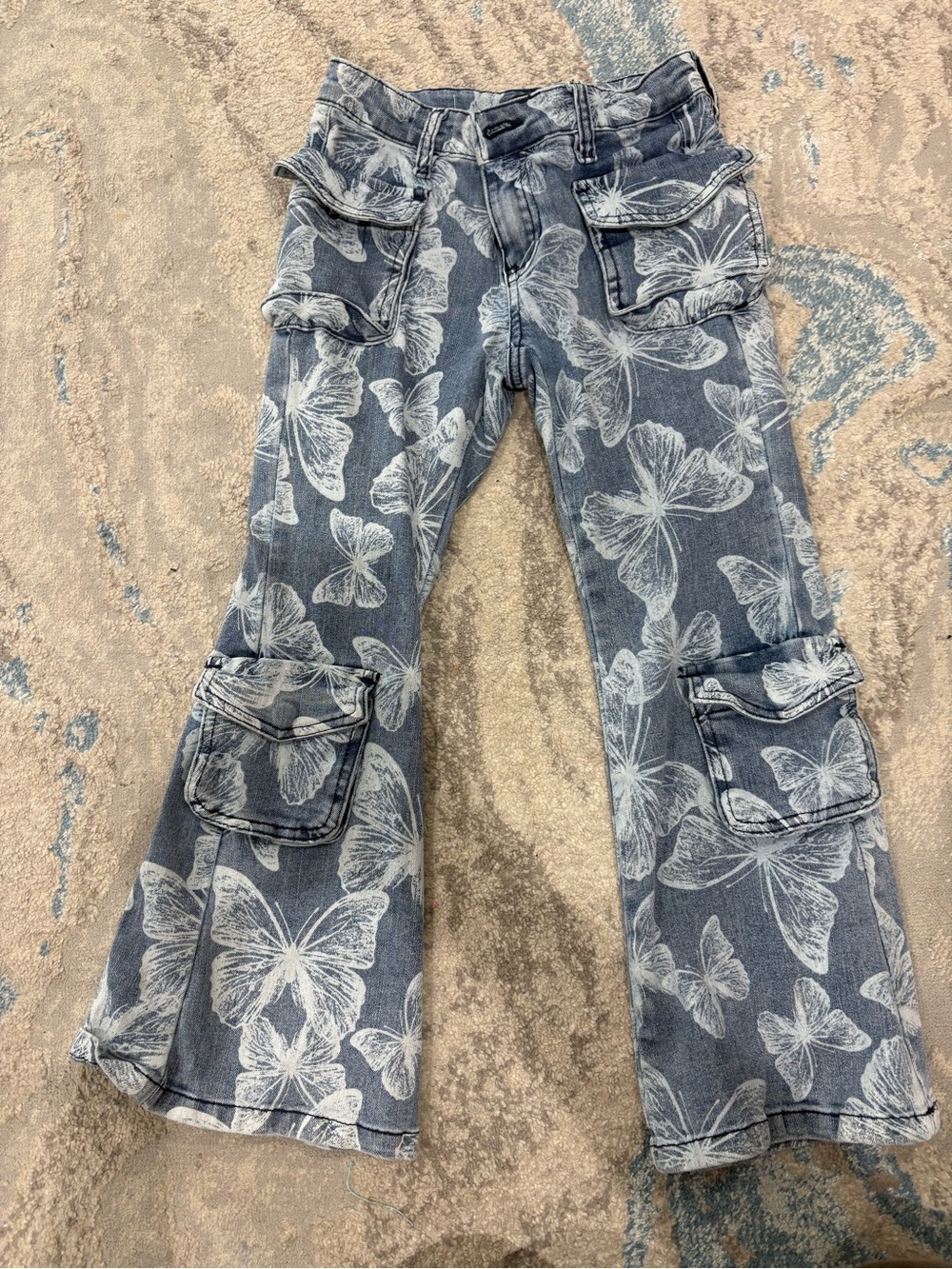Forever 21 Blue Denim Floral Cargo Flare Jeans